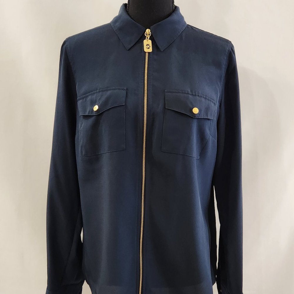Navy and Gold Michael Kors Zipper Blouse - Picture 3 of 11